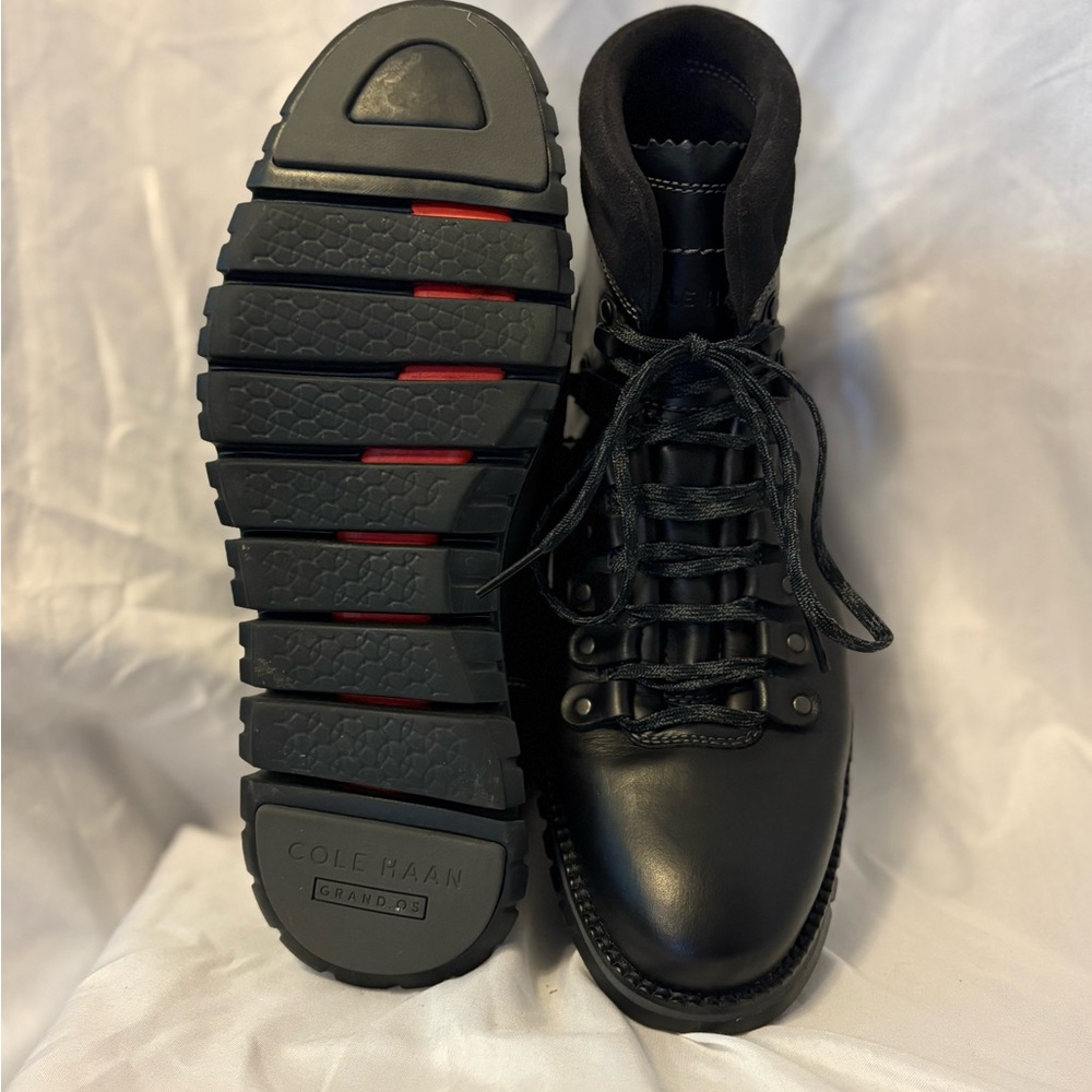 Cole Haan Black Leather Men’s Lace-Up Hiking Boots with Red Accent